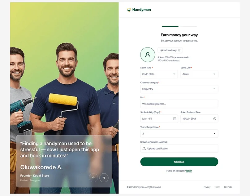 Handyman — Onboarding
